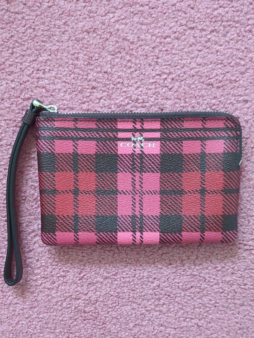 Coach Pink & Red Shadow Plaid Wristlet